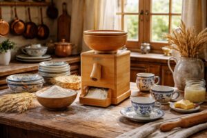 découvrez le charme de la cuisine traditionnelle avec un moulin à farine komo et une vaisselle artisanale française, alliant authenticité et qualité pour vos repas.